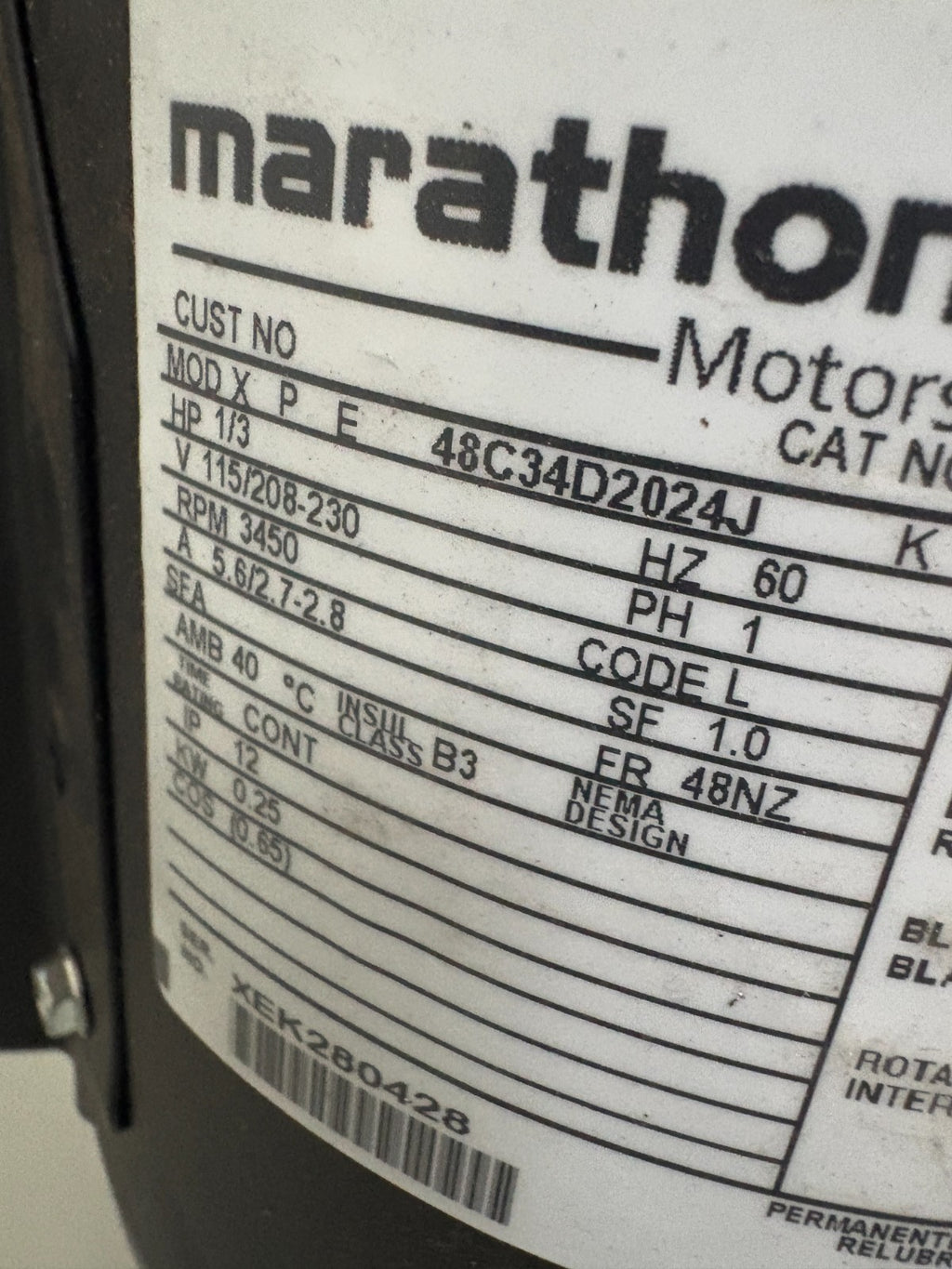 MARATHON OIL BURNER MOTOR W/FAN CAT 0010 MOD XPE 48C34D2042J 1/3 HP