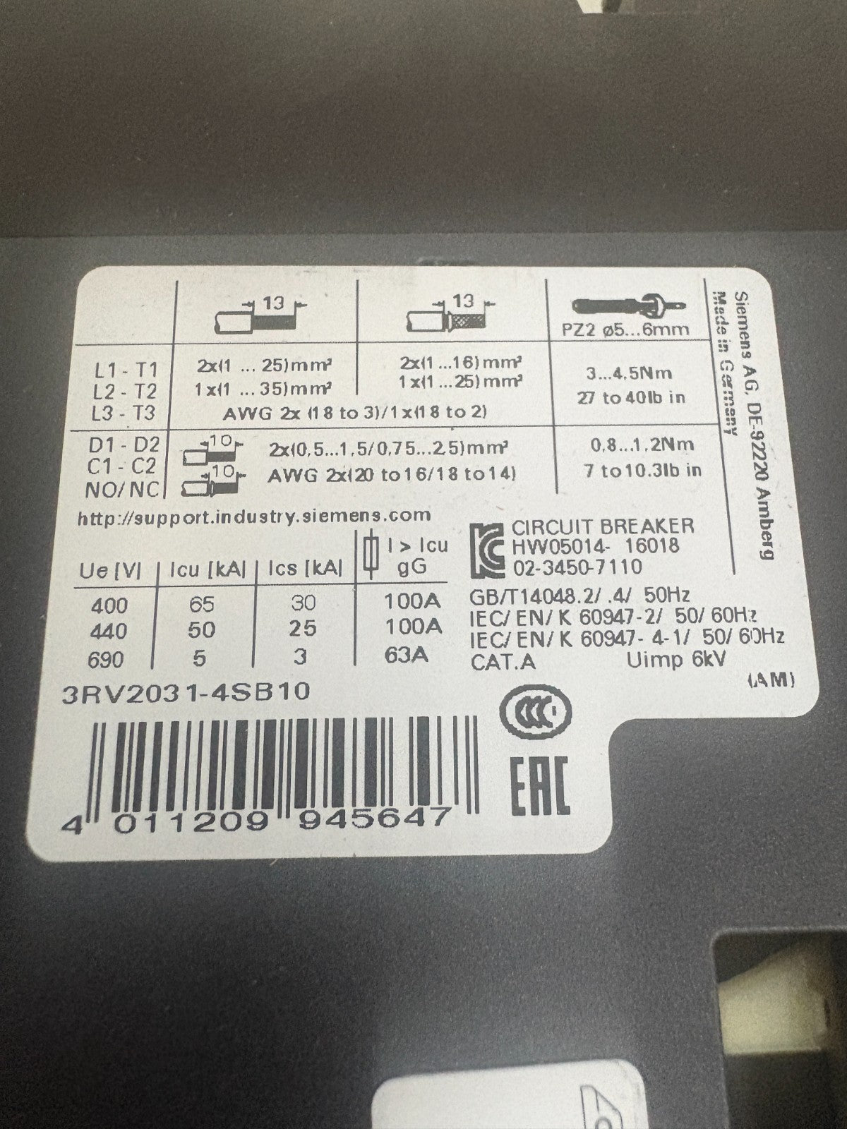 SIEMENS MOTOR CONTROLLER CIRCUIT BREAKER 3RV2031-4SB102