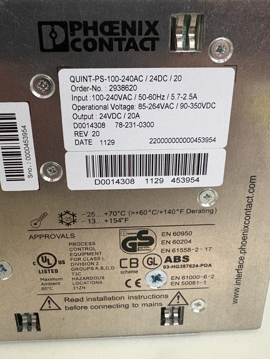 PHOENIX CONTACT POWER SUPPLY QUINT-PS-100-240AC/24DC/20 #2938620