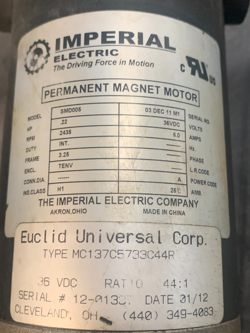 IMPERIAL ELECTRIC PERMANENT MAGNET MOTOR SMD005 .22HP 36VDC MC137C5733C44P