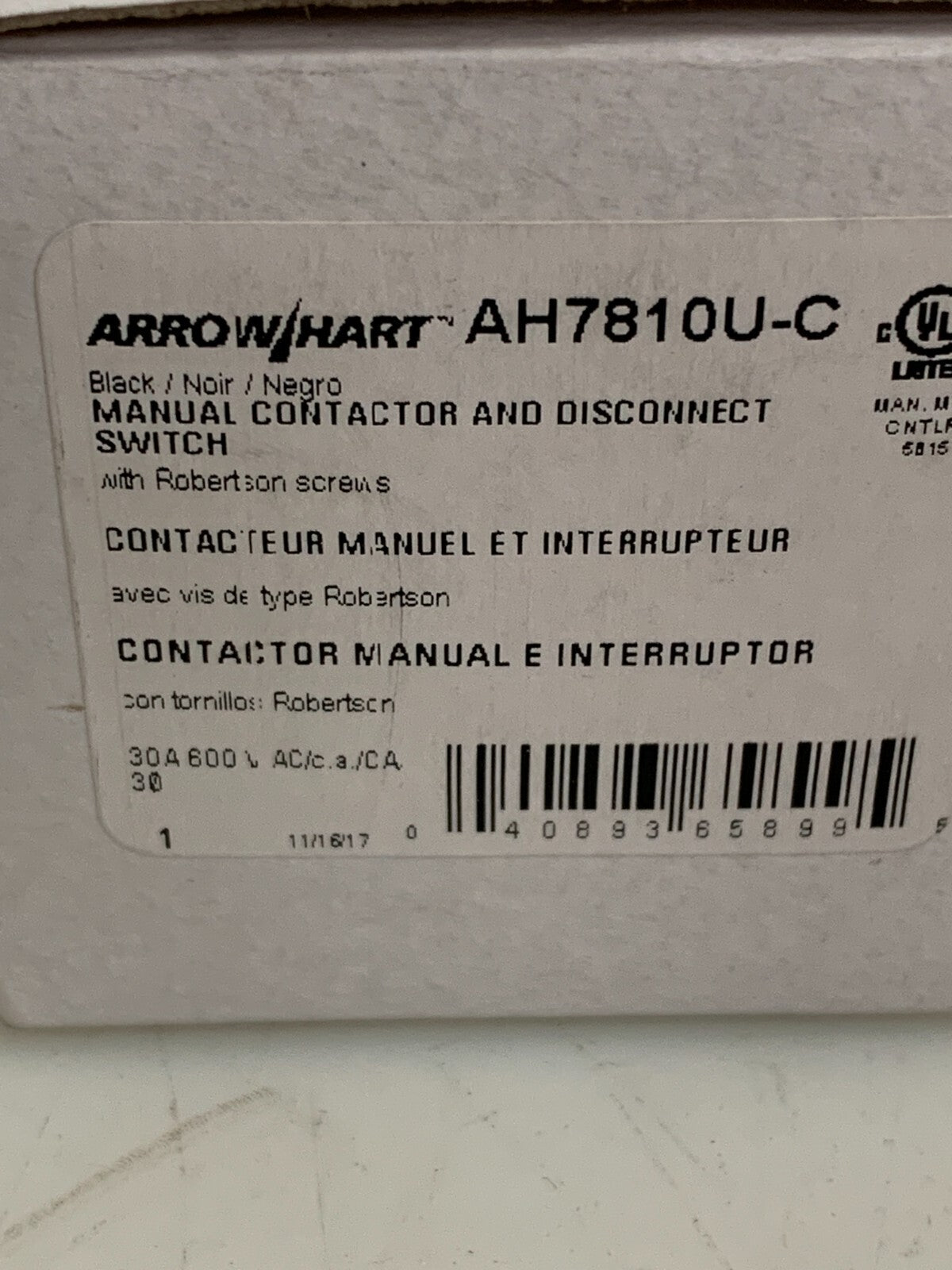 EATON ARROW HART MANUAL CONTACTOR AND DISCONNECT AH781OU-C