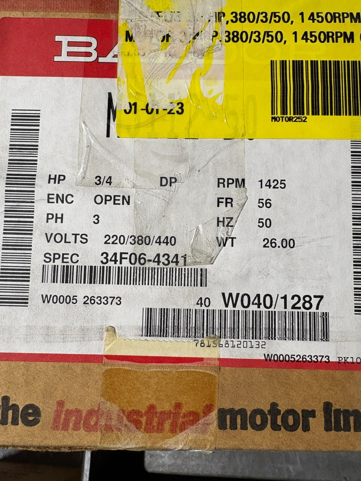BALDOR 3/4HP INDUSTRIAL MOTOR #M3112-50 SPEC 34F06-4341