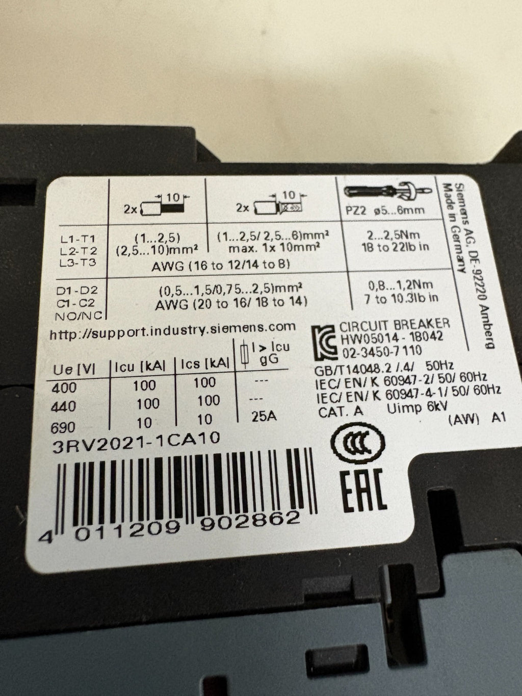 SIEMENS CIRCUIT BREAKER 3RV2021-1EA103
