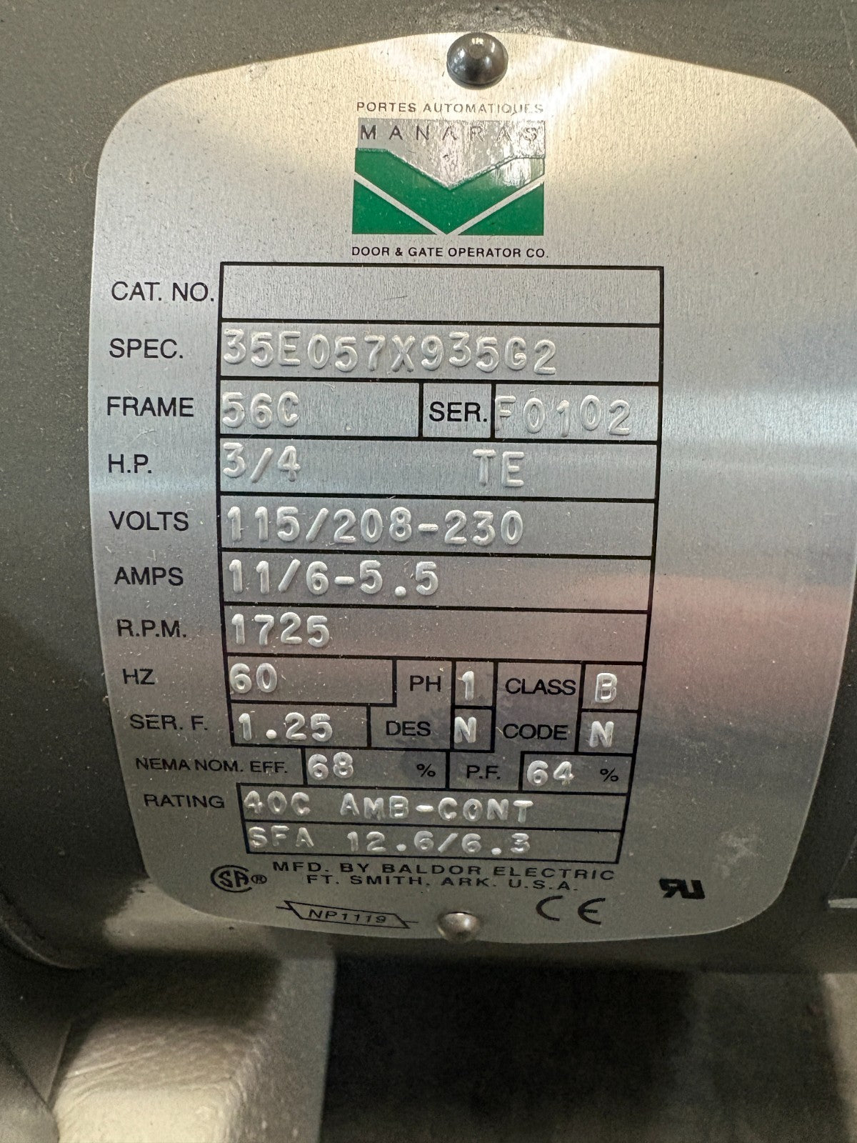 BALDOR 3/4 HP BRAKE MOTOR MODEL N/A SPEC 35E057X935G2