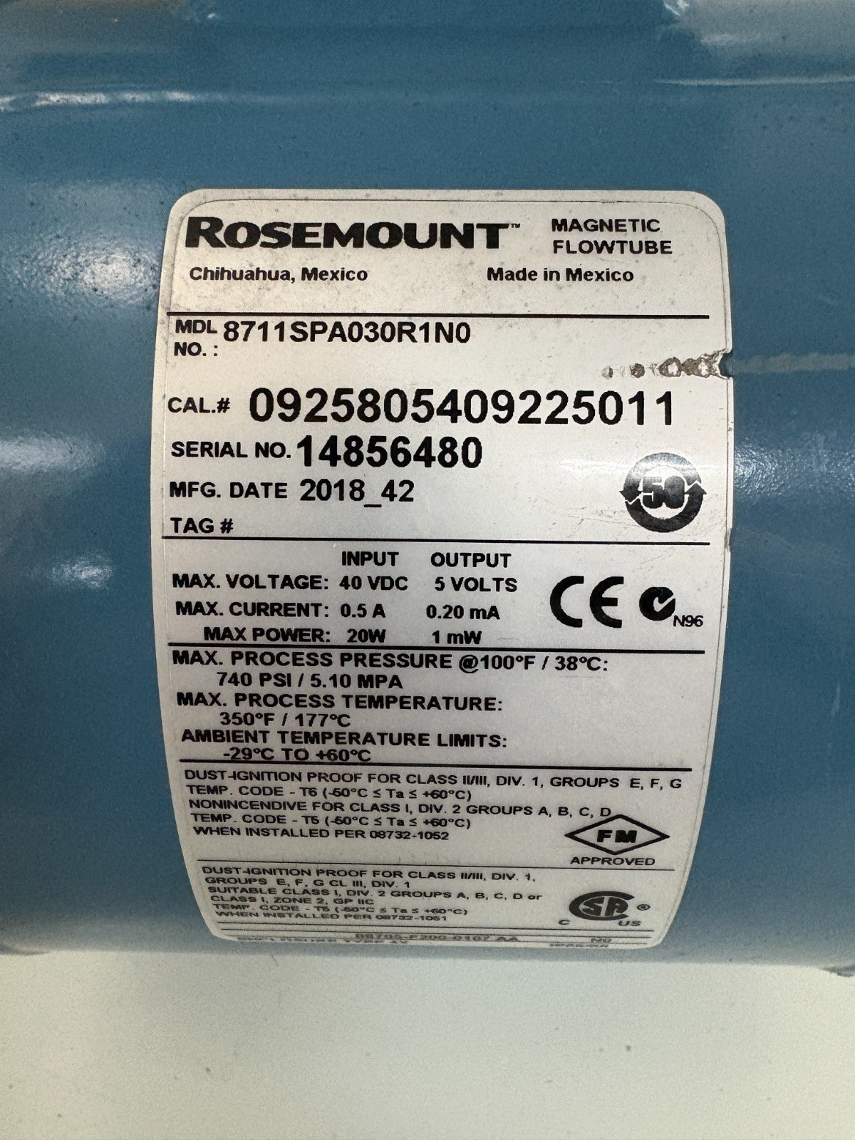 ROSEMOUNT MAGNETIC FLOWTUBE 8711SPA030R1N0