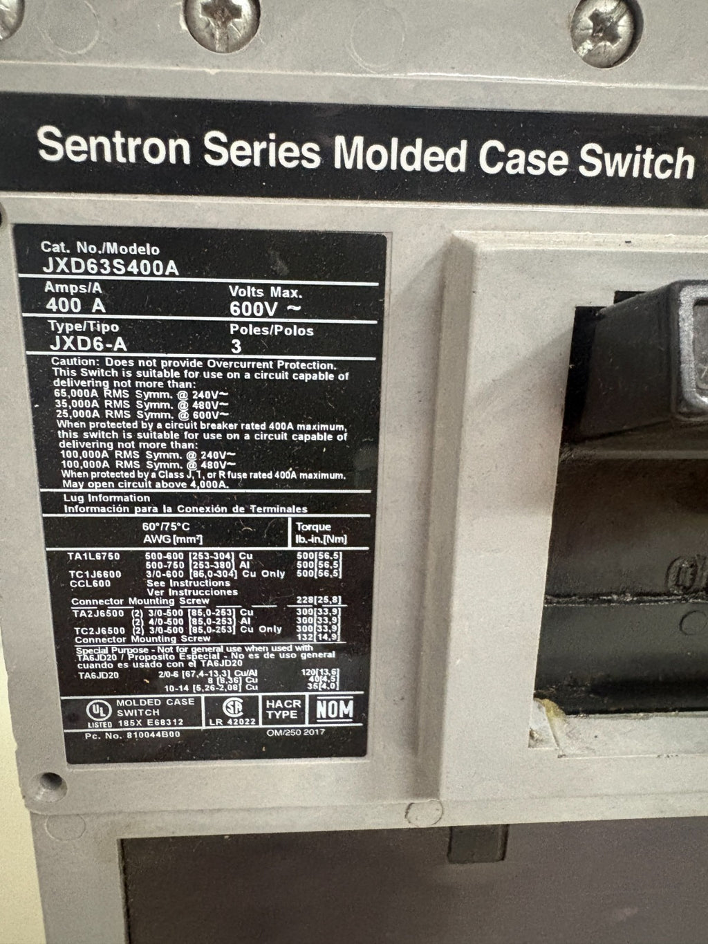 SIEMENS SENTRON 400 AMP SWITCH JXD63S400A 1