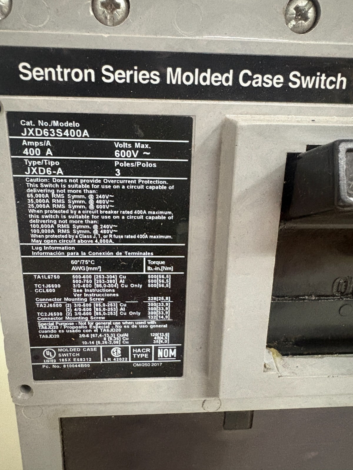 SIEMENS SENTRON 400 AMP SWITCH JXD63S400A 1
