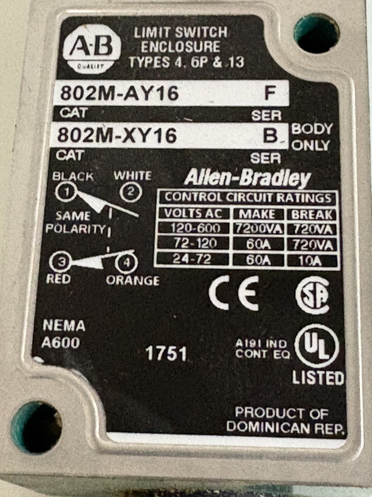 ALLEN BRADLEY 16' CABLE PREWIRED LIMIT SWITCH 802M-AY16