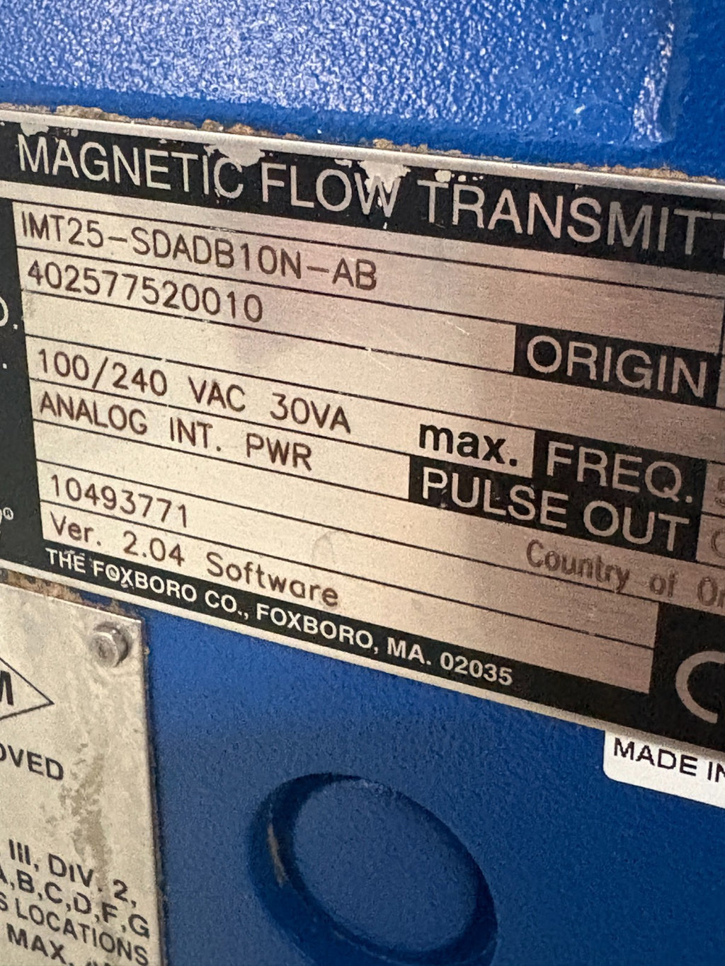 FOXBORO I/A SERIES IMT25 MAGNETIC FLOW TRANSMITTER IMT25-SDADB10N-AB2