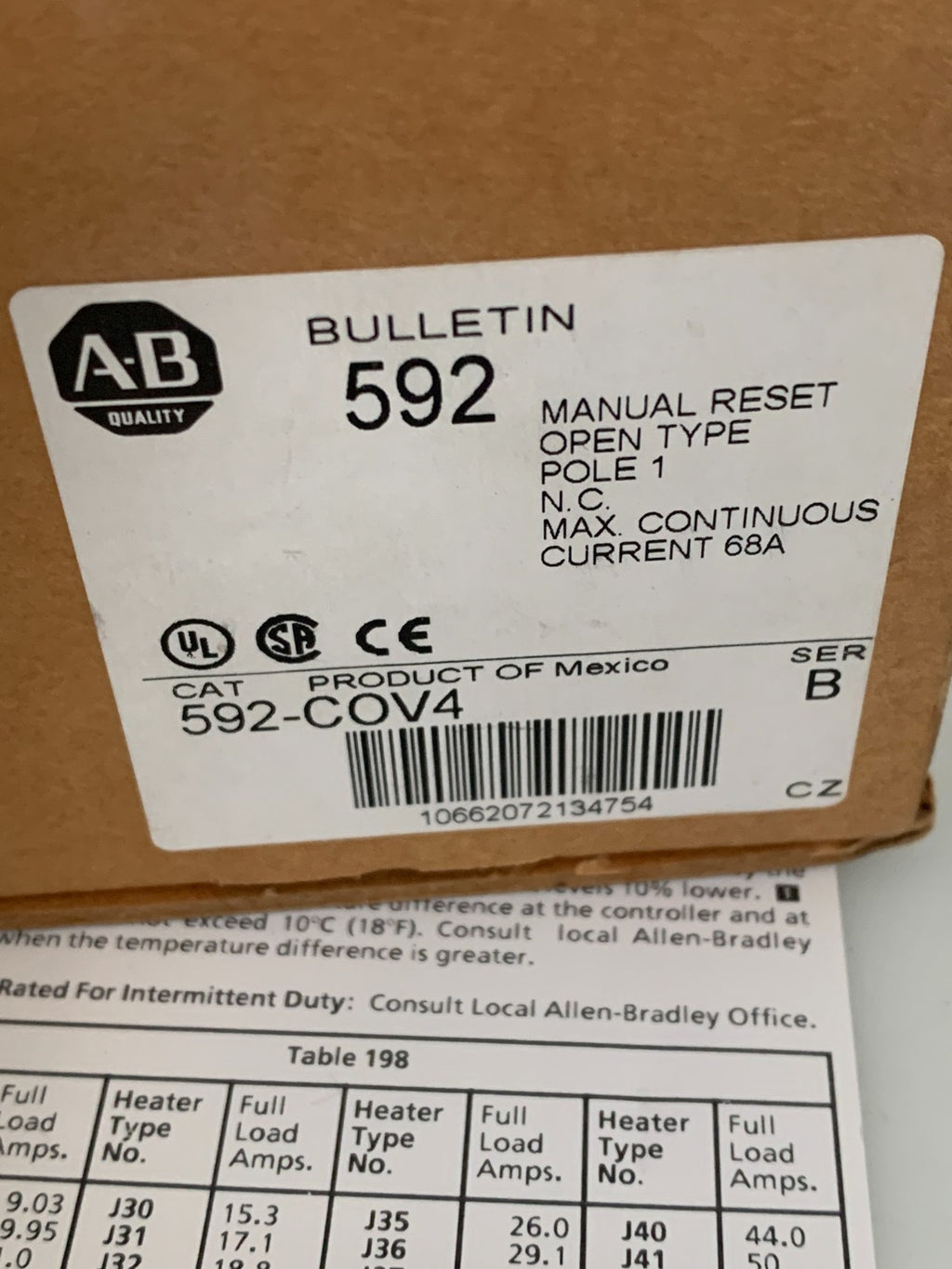 ALLEN BRADLEY MANUAL RESET OVERLOAD RELAY 592-COV4
