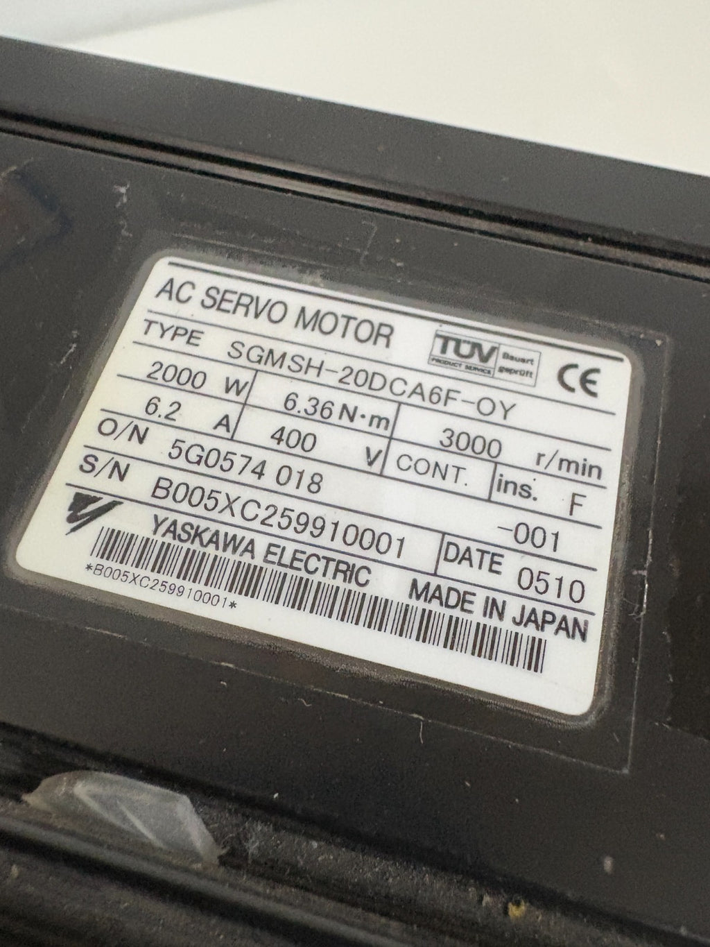 YASKAWA AC SERVO MOTOR SGMSH-20DCA6F-0Y