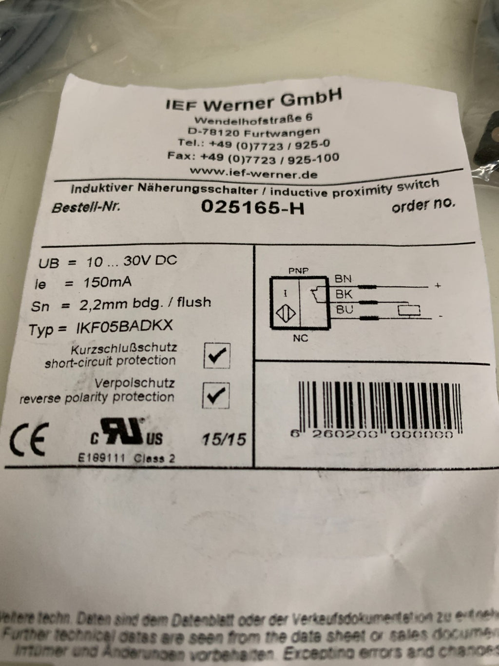 LOT OF 2  IEF WERNER PROXIMITY SWITCH 025165-H MEYER BURGER L-11048