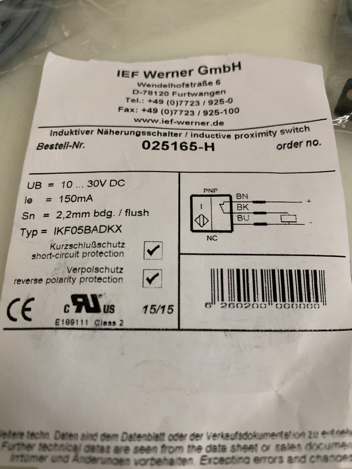 LOT OF 2  IEF WERNER PROXIMITY SWITCH 025165-H MEYER BURGER L-11048