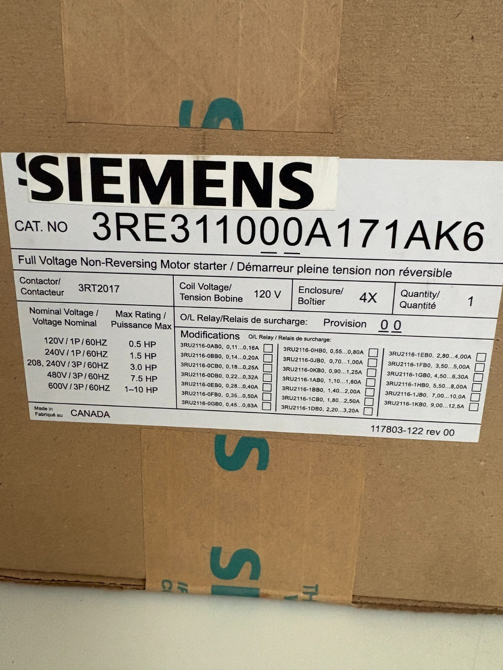 SIEMENS FULL VOLTAGE NON REVERSING MOTOR STARTER 3RE 311000A171AK62
