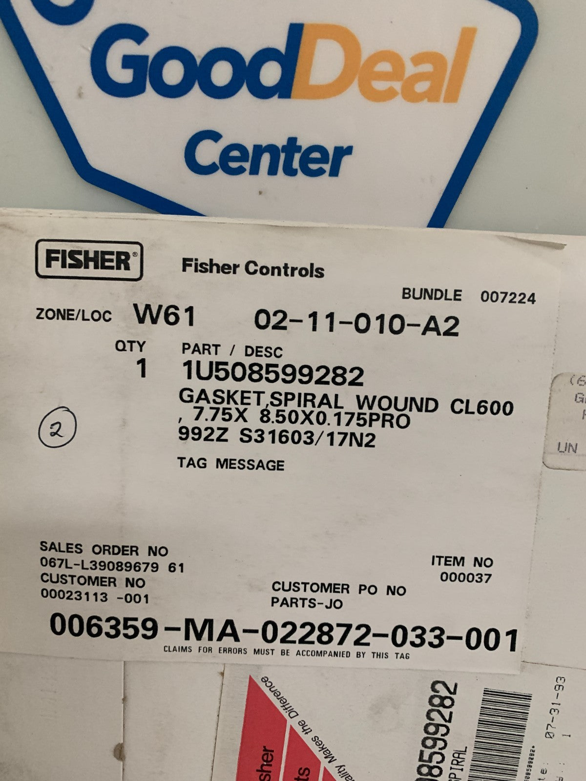 FISHER CONTROLS GASKET SPIRAL WOUND CL600 #1U508599282