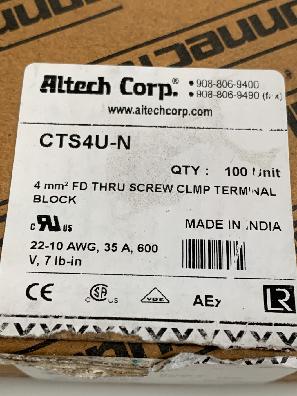 ALTECH CORP TERMINAL BLOCK CTS4U-N 100/BOX