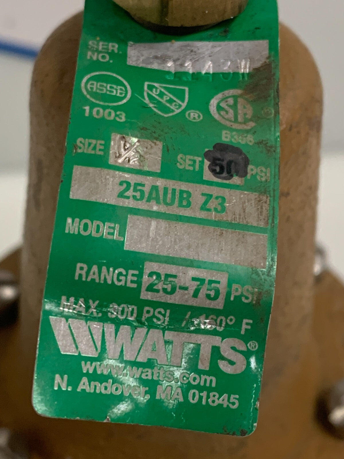 WATTS WATER PRESSURE REDUCER 25-75 PSI 25 AUB 23