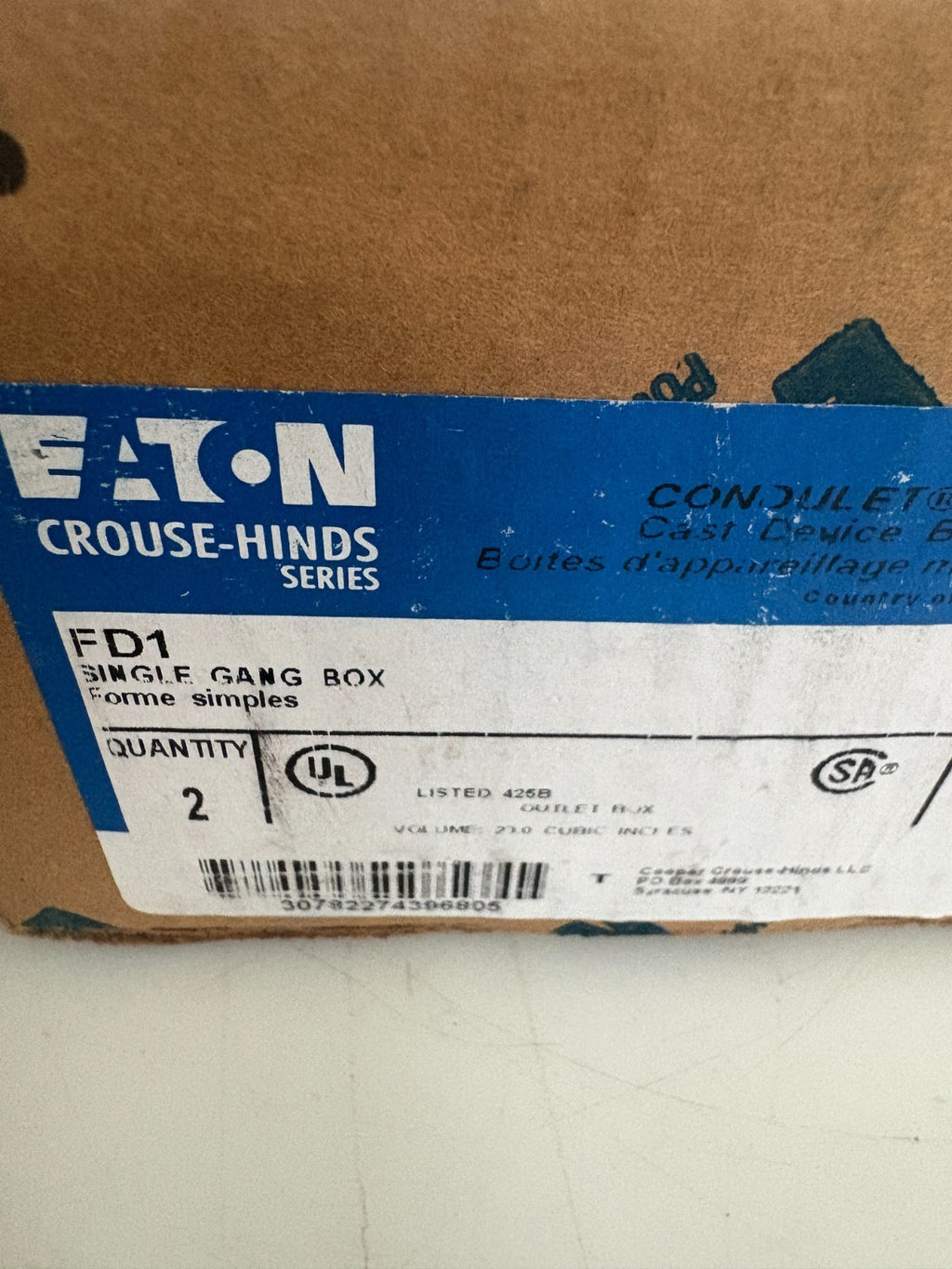 EATON CROUSE HINDS 1/2" FD1 SINGLE GANG BOX 1