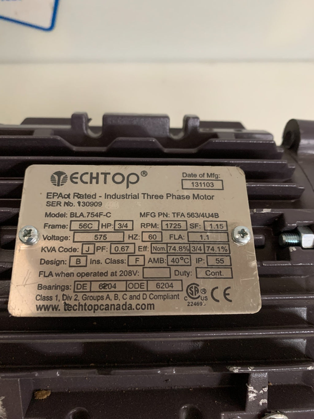 TECHTOP 3 PHASE MOTOR BLA 754F-C 3/4 HP 1725RPM