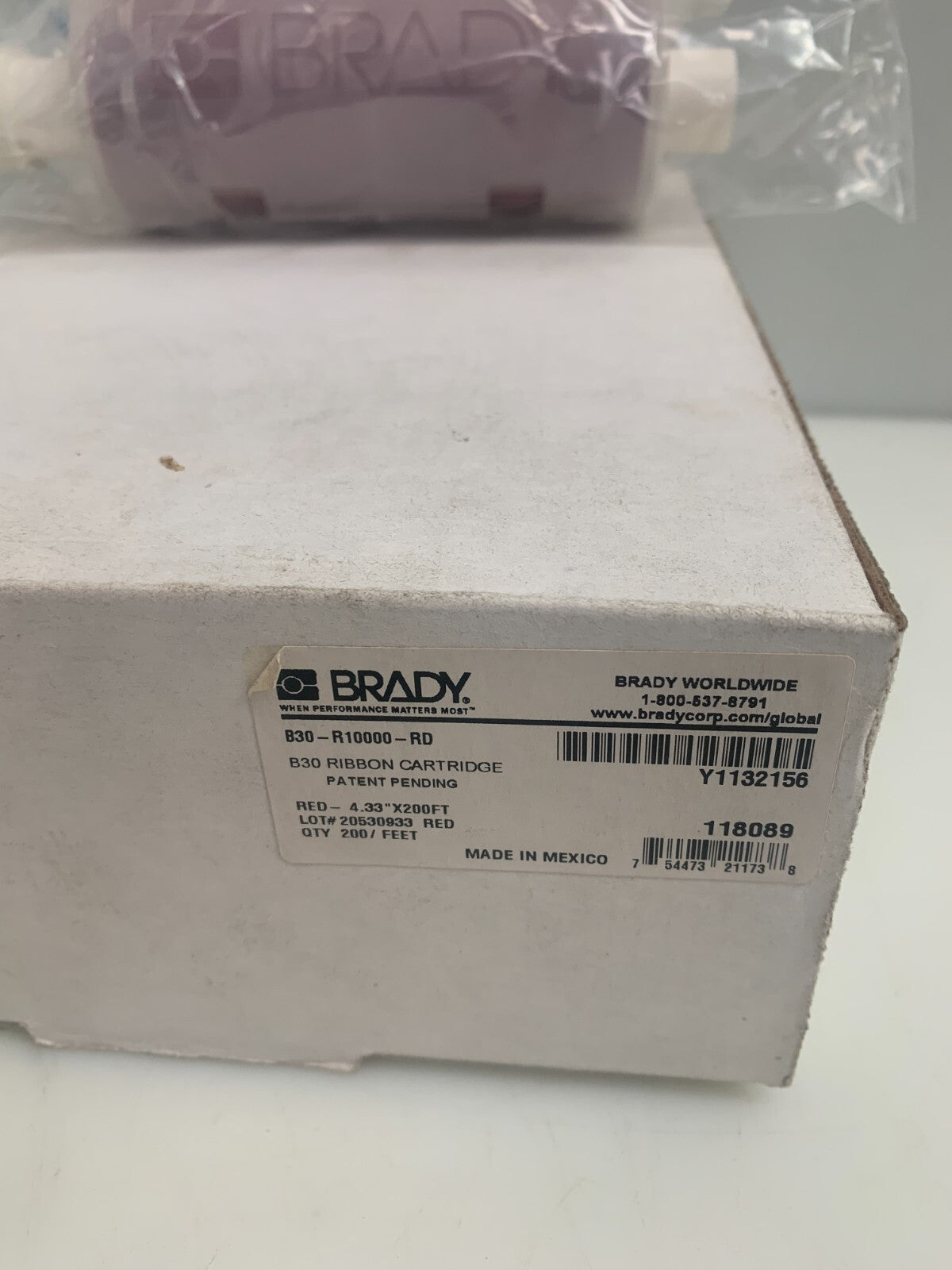 Brady B30-R10000-RD Label Printer Ribbon Cartridge, 4.33" x 200 ft, Red1