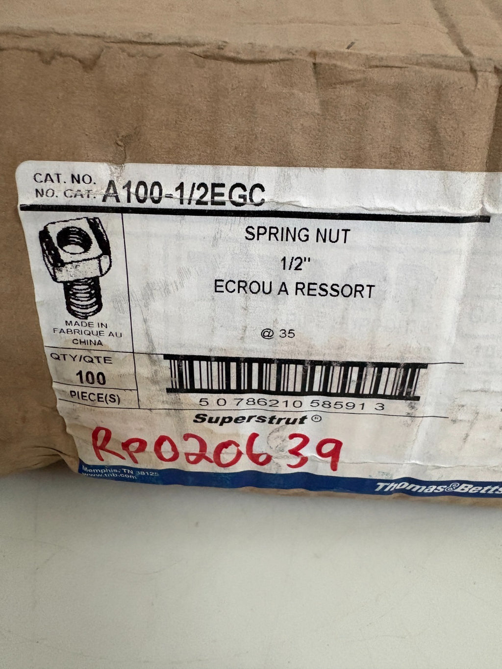 THOMAS & BETTS SUPERSTRUT 1/2" SPRING NUT A100-1/2 EGC 100 PER BOX2