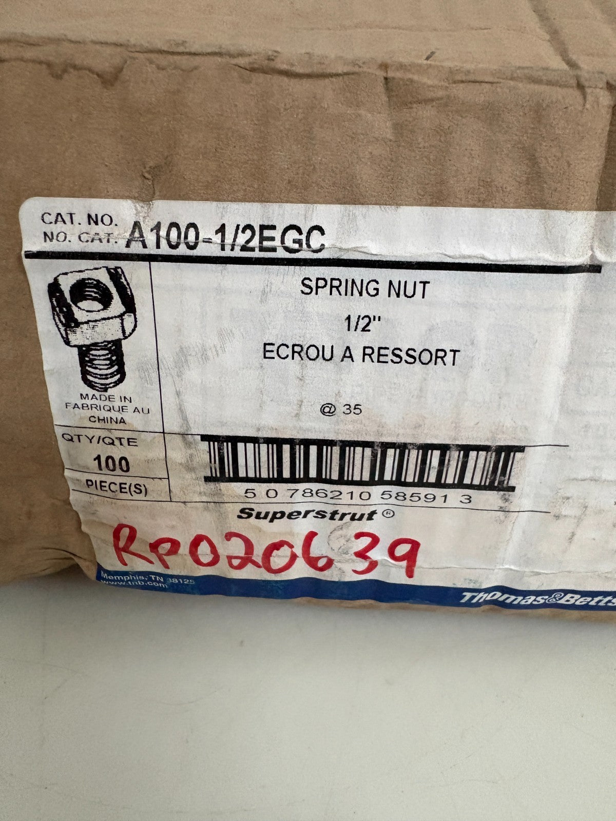 THOMAS & BETTS SUPERSTRUT 1/2" SPRING NUT A100-1/2 EGC 100 PER BOX2