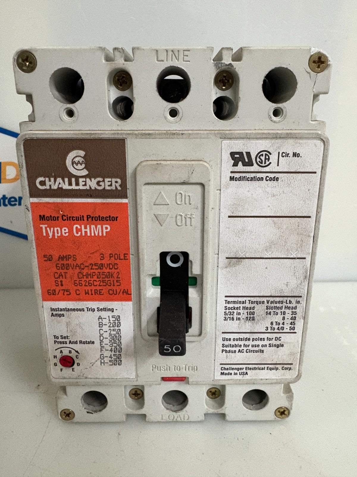 CHALLENGER 50 AMP MOTOR CIRCUIT PROTECTOR TYPE CHMP050K2 6626C25G151