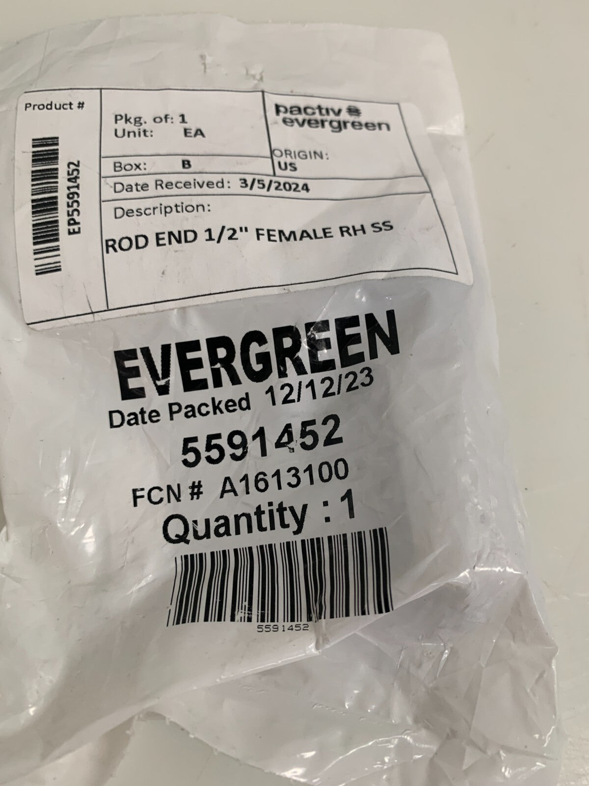PACTIV EVERGREEN ROD END 1/2 FEMALE RH SS 559 14523