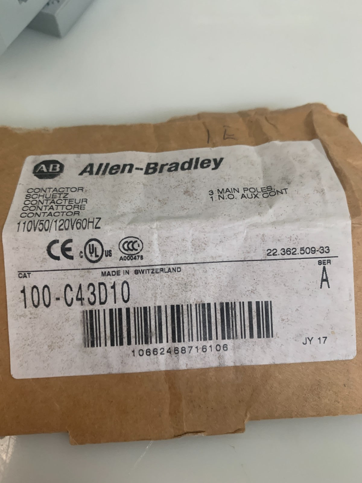 ALLEN BRADLEY 100-C43 00 SERIE A CONTACTOR 600 VAC W/100-S/B CONTACT BLOCK4