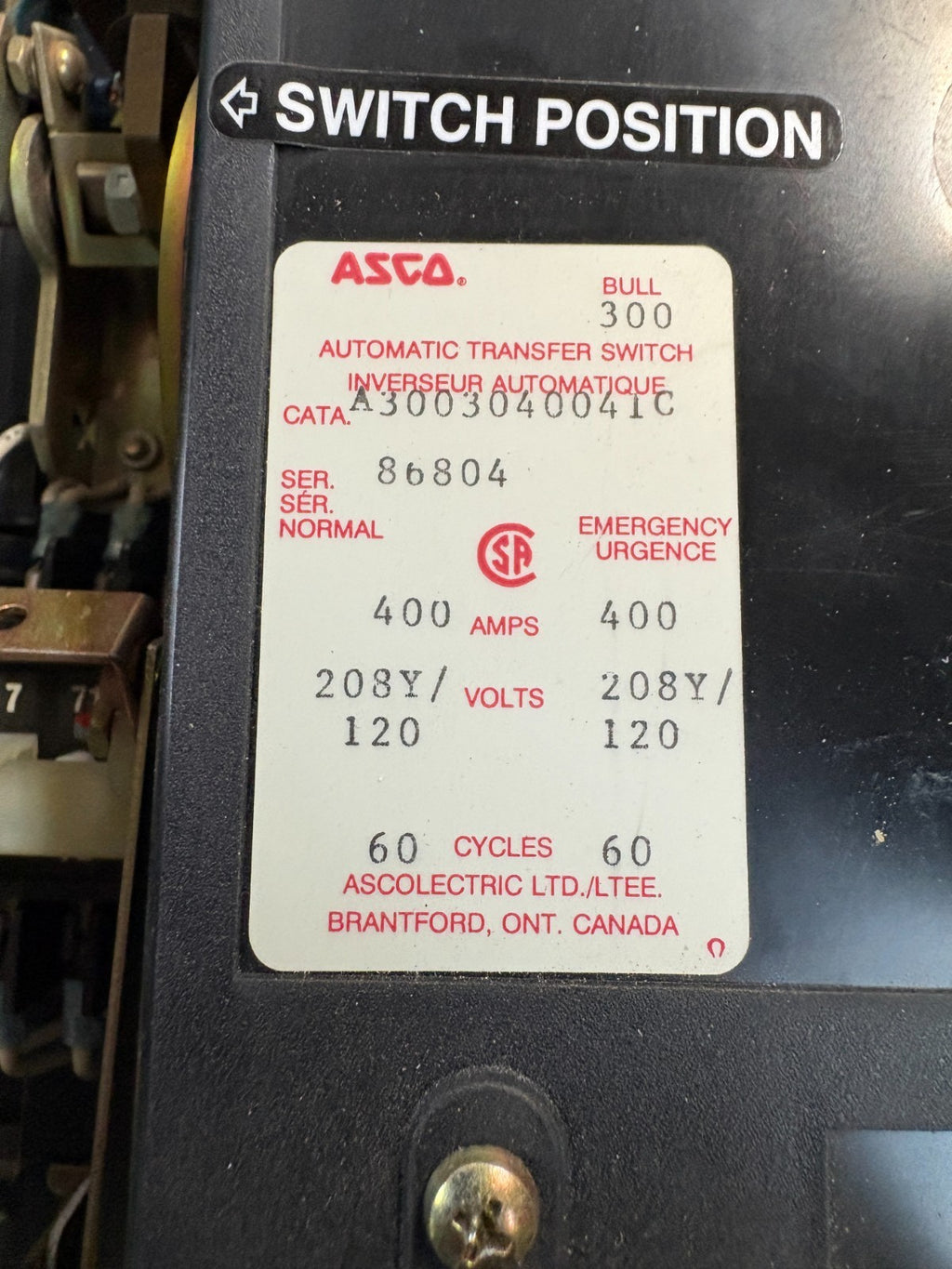 ASCO AUTOMATIC TRANSFER SWITCH A3003040041C1
