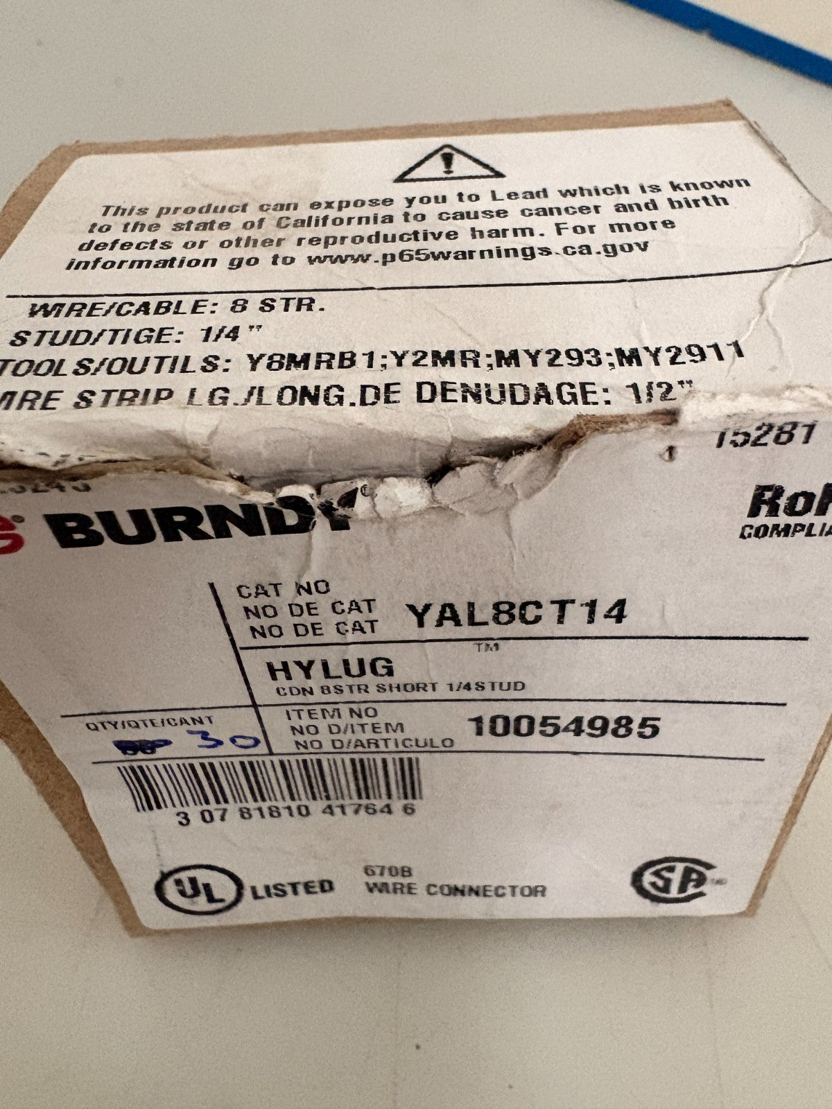 LOT OF 80 BURNDY HYLUG COMPRESSION LUG YAL8CT142