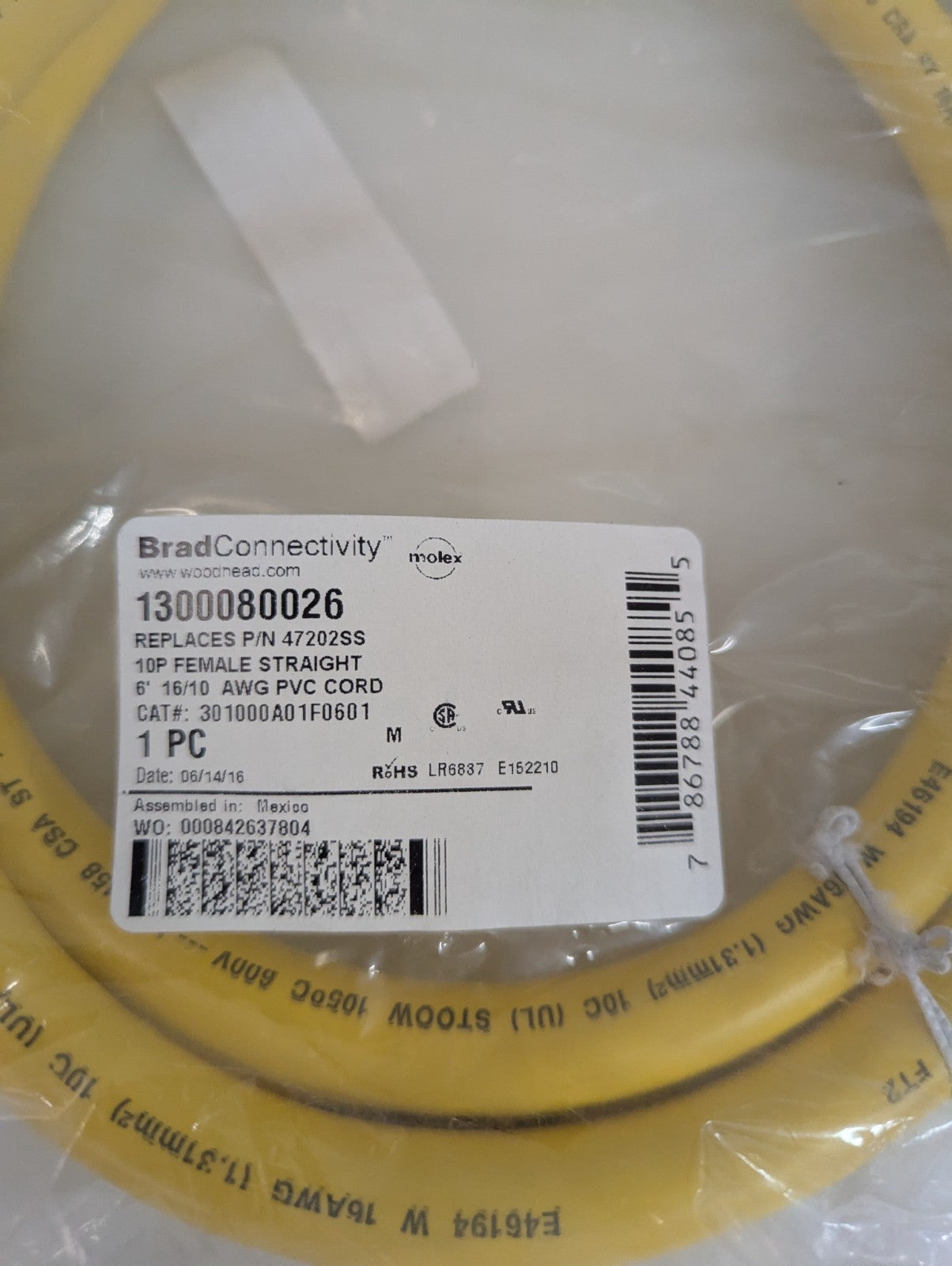 LOT OF 2 BRAD CONNECTIVITY WOODHEAD CABLE 103000A01F060