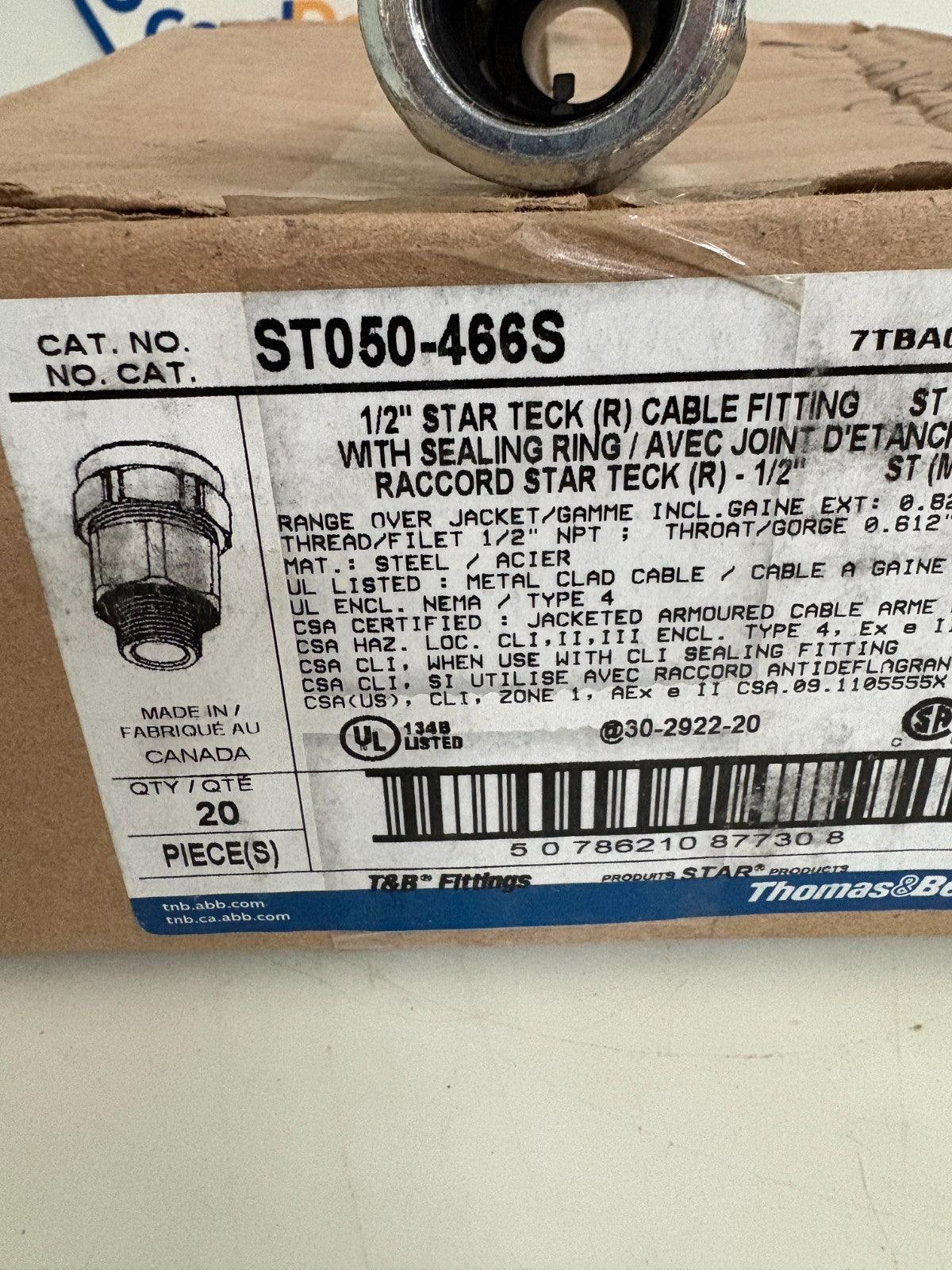 ABB THOMAS & BETTS 1/2" STAR TECK CABLE FITTING W/SEALING RING ST050-466S3