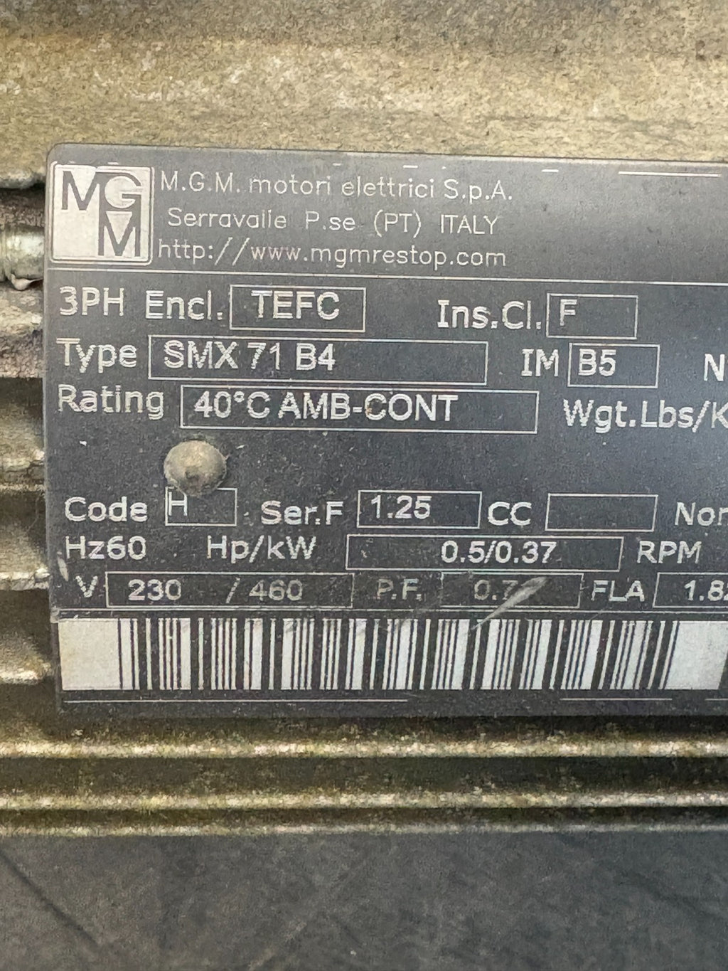 M.G.M. MOTORI INDUCTION MOTOR W/GEAR BOX SMX 71 B4 W/GEAR BOX