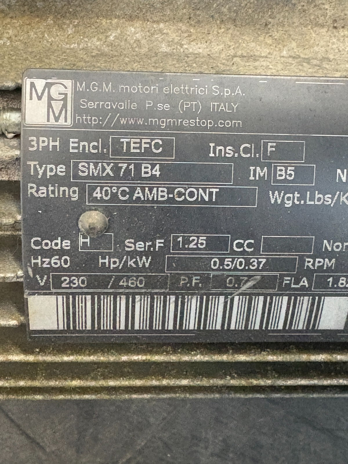 M.G.M. MOTORI INDUCTION MOTOR W/GEAR BOX SMX 71 B4 W/GEAR BOX