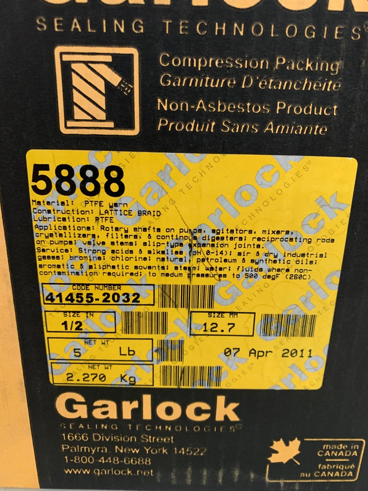GARLOCK 1/2" 5LBS FLUID SEALING PACKING #58881