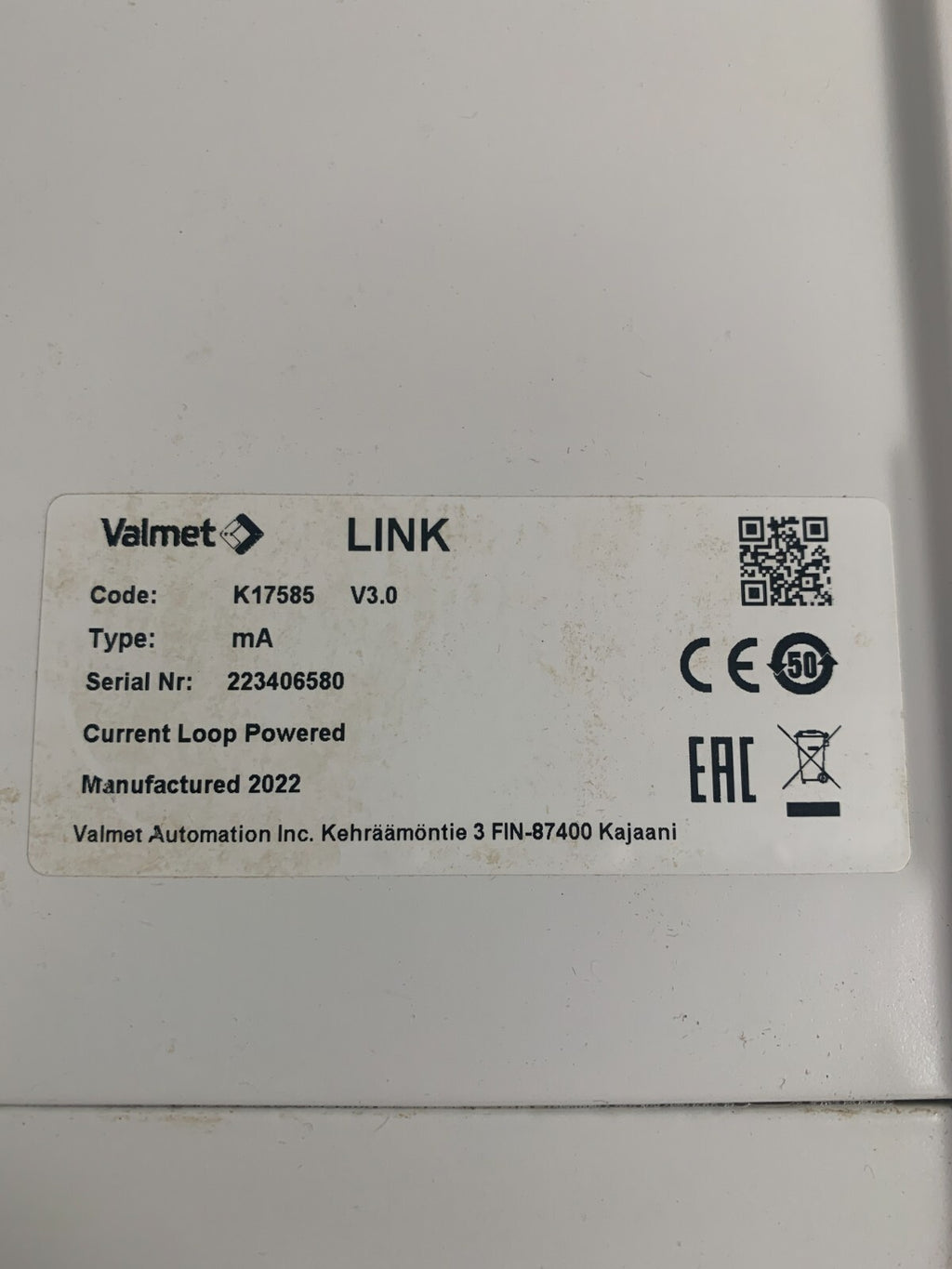 VALMET CURRENT LOOP POWERED CONSISTENCY TRANSMITTER LINK K17585  V 3.02