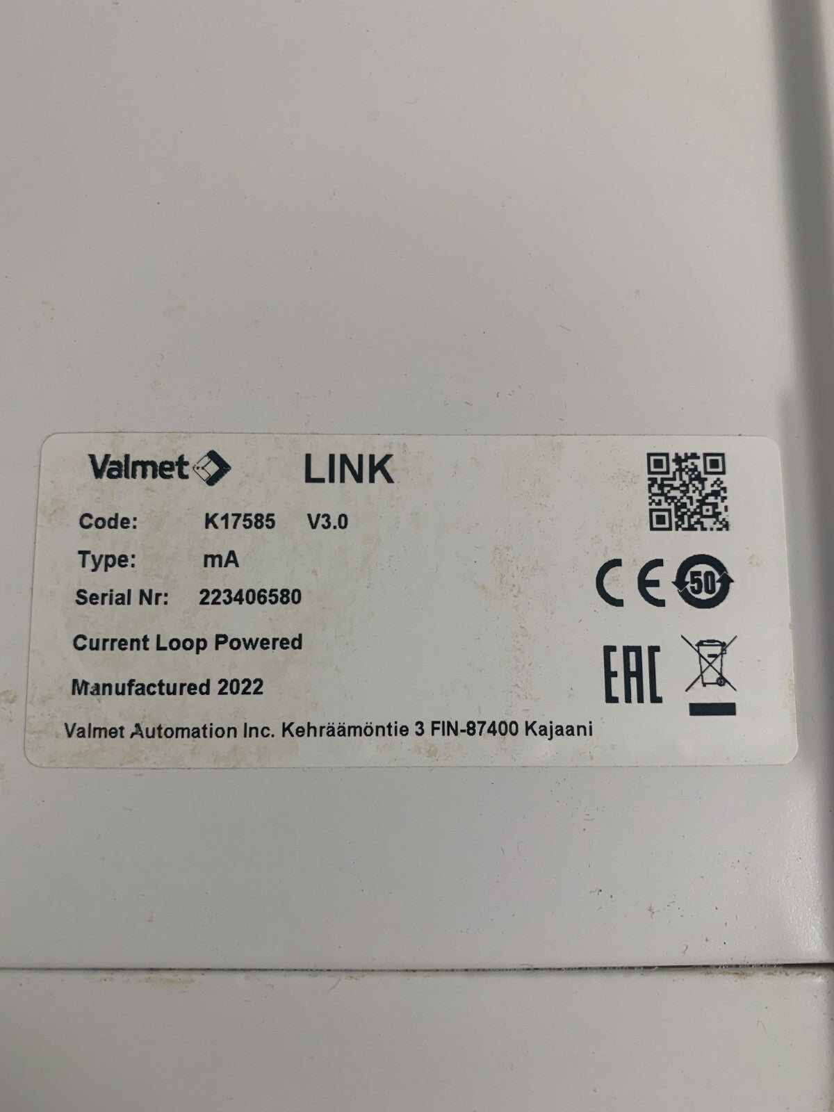 VALMET CURRENT LOOP POWERED CONSISTENCY TRANSMITTER LINK K17585  V 3.02