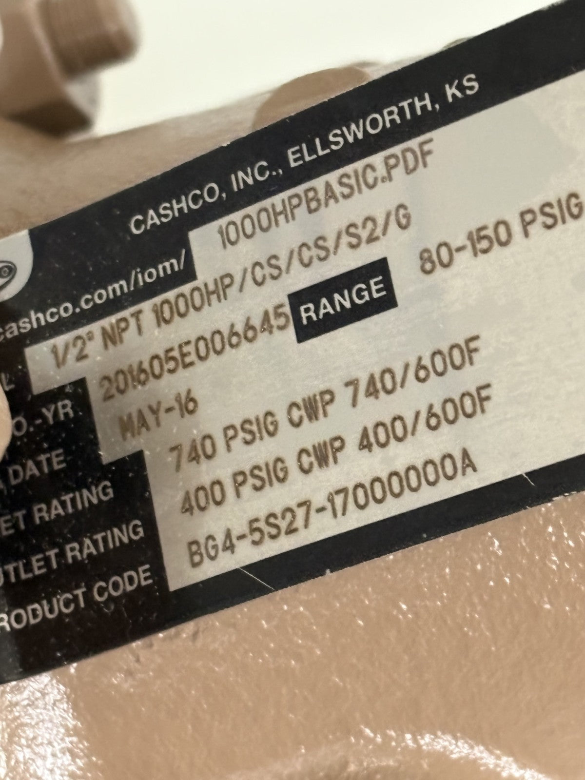 CASHCO 1321 1/2" VALVE MODEL 1/2" NPT 1000HP/CS/CS/S2/G3