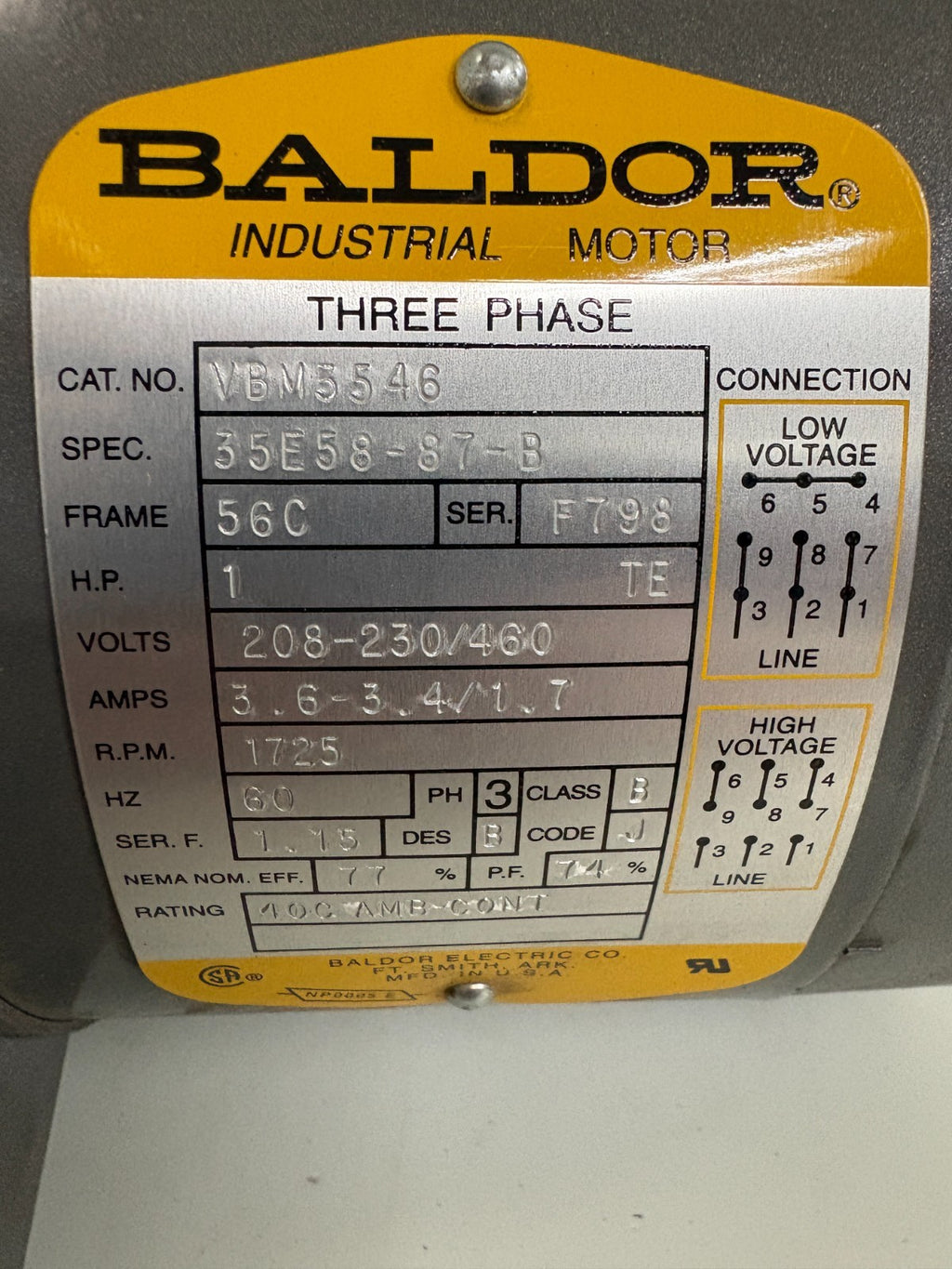 BALDOR 3 PHASE 1HP MOTOR 1725 RPM VBM 5546 SPEC 35E58-87-B