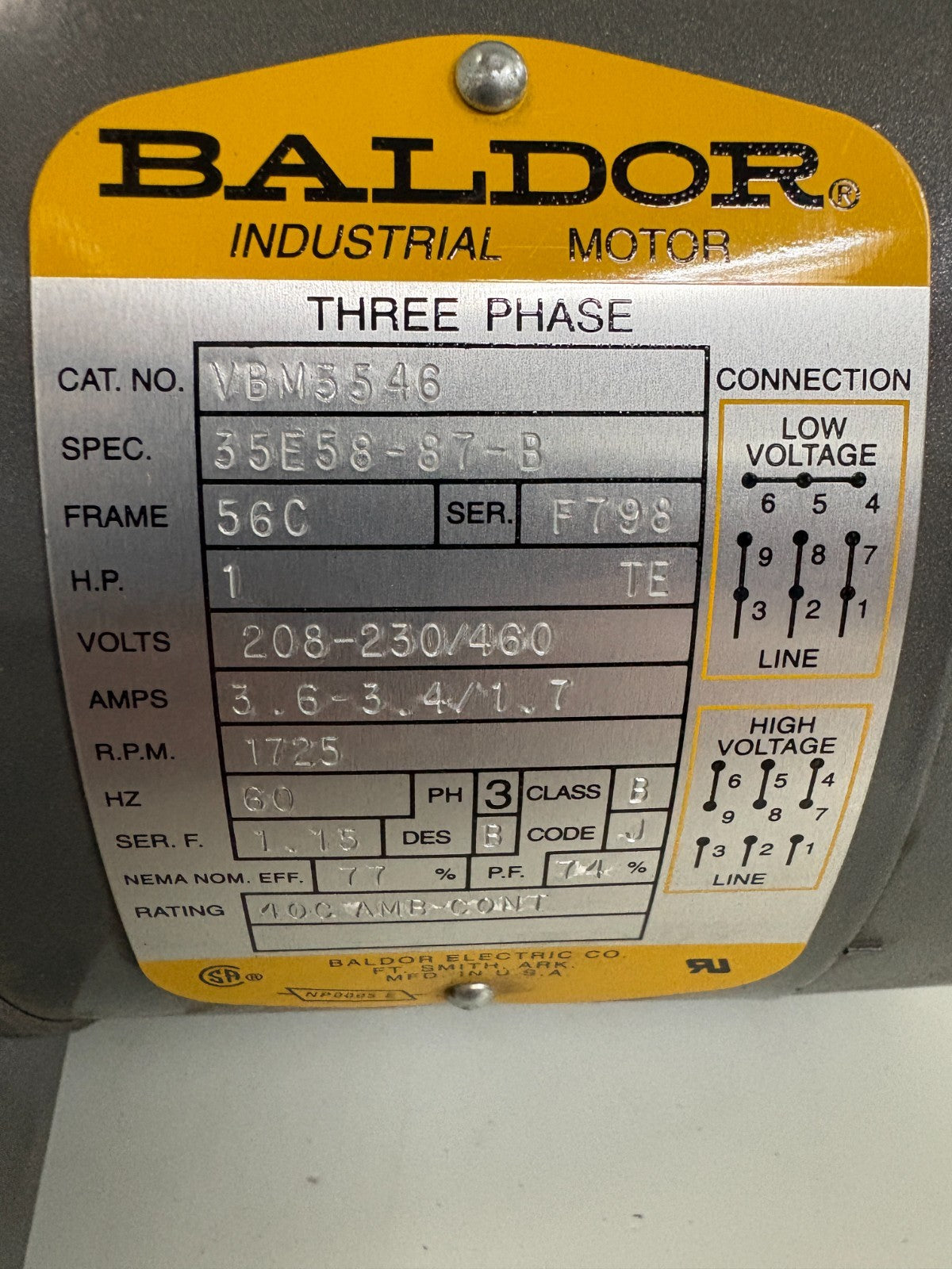 BALDOR 3 PHASE 1HP MOTOR 1725 RPM VBM 5546 SPEC 35E58-87-B