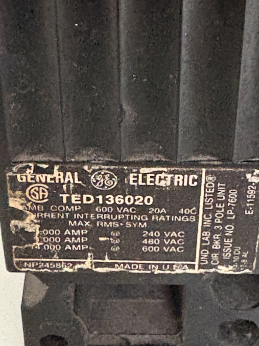 GENERAL ELECTRIC 600V 20 AMP CIRCUIT BREAKER TED136020 1