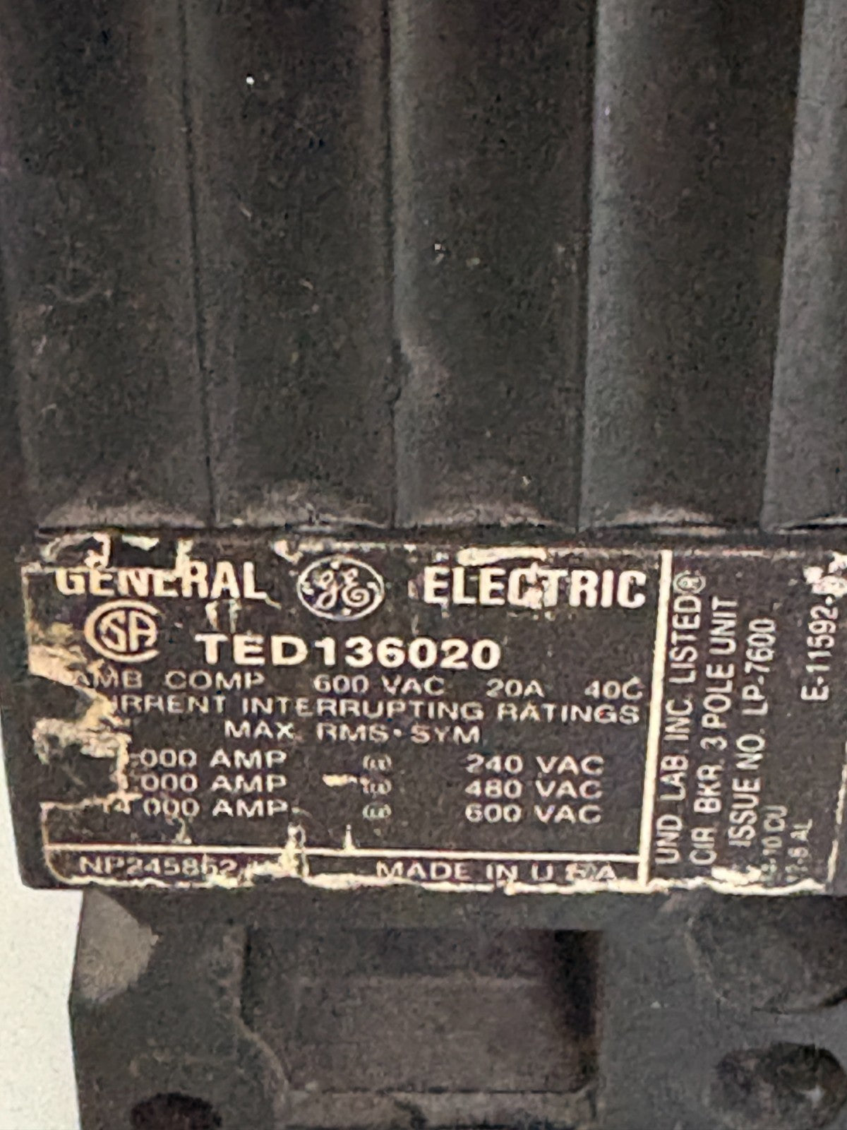 GENERAL ELECTRIC 600V 20 AMP CIRCUIT BREAKER TED136020 1