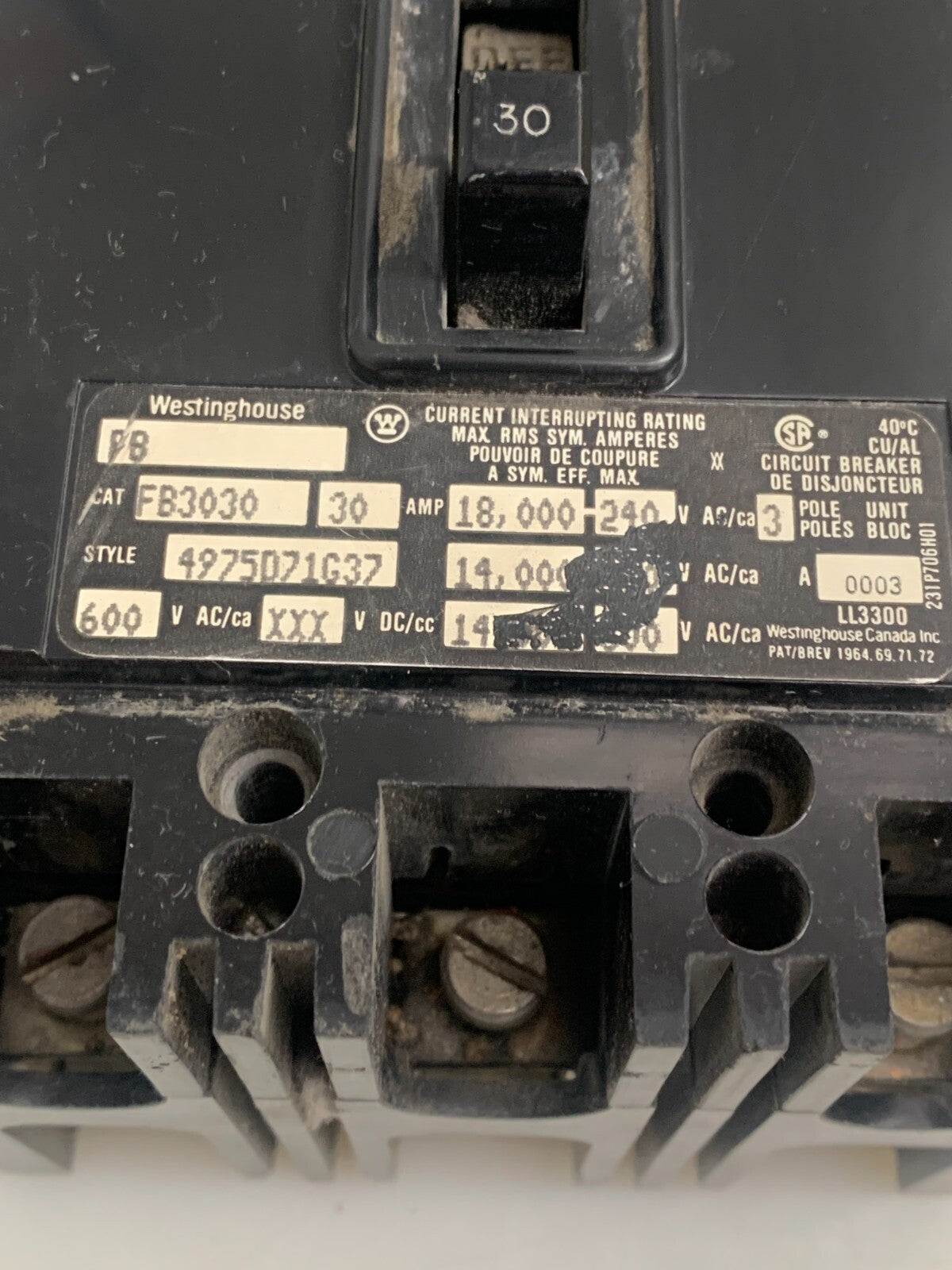 Cutler Hammer Westinghouse FB3030 Circuit Breaker 30 AMP 600V1