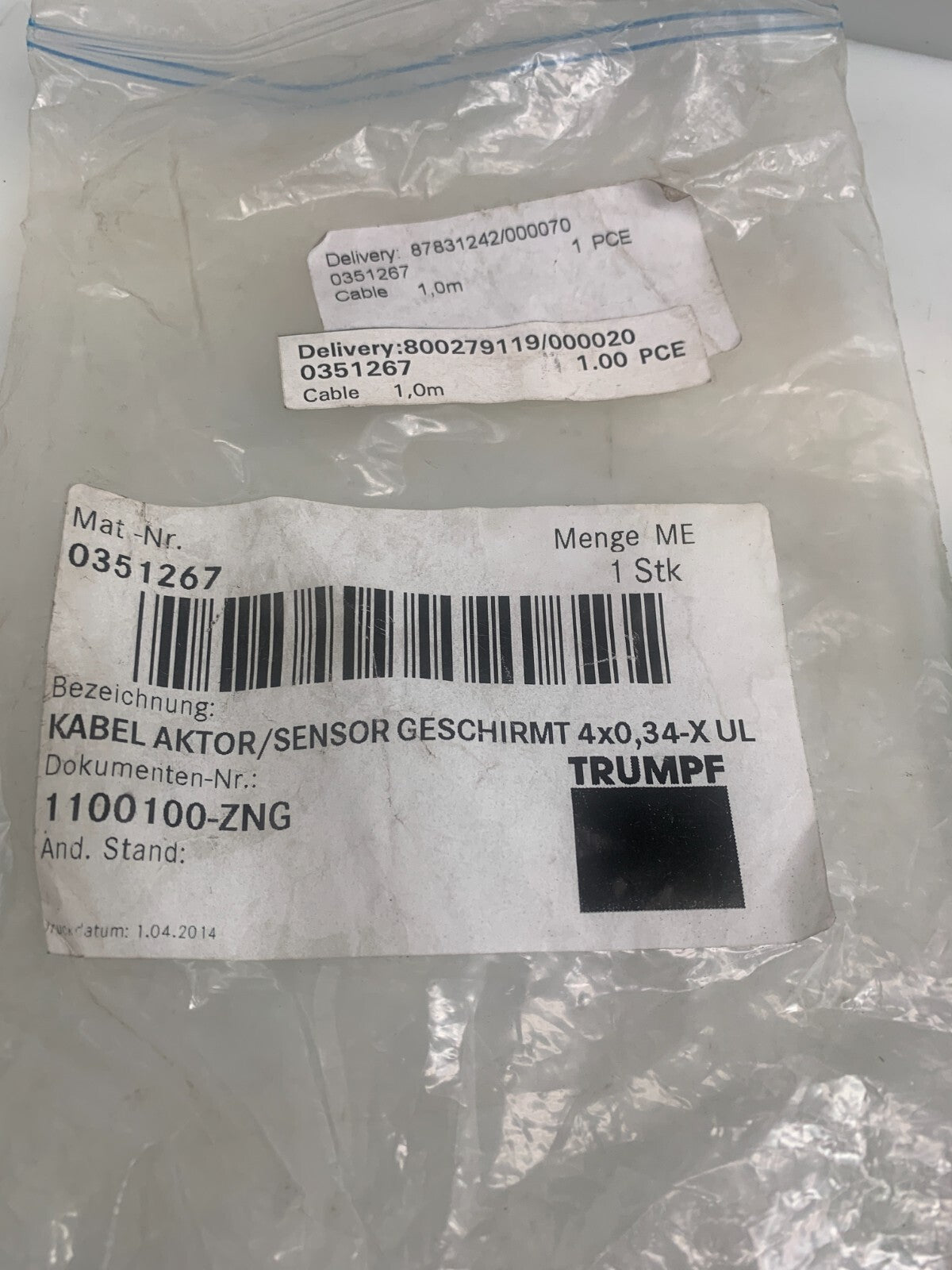 TRUMPF 0351267  Sensor Cable  1100100-ZNG