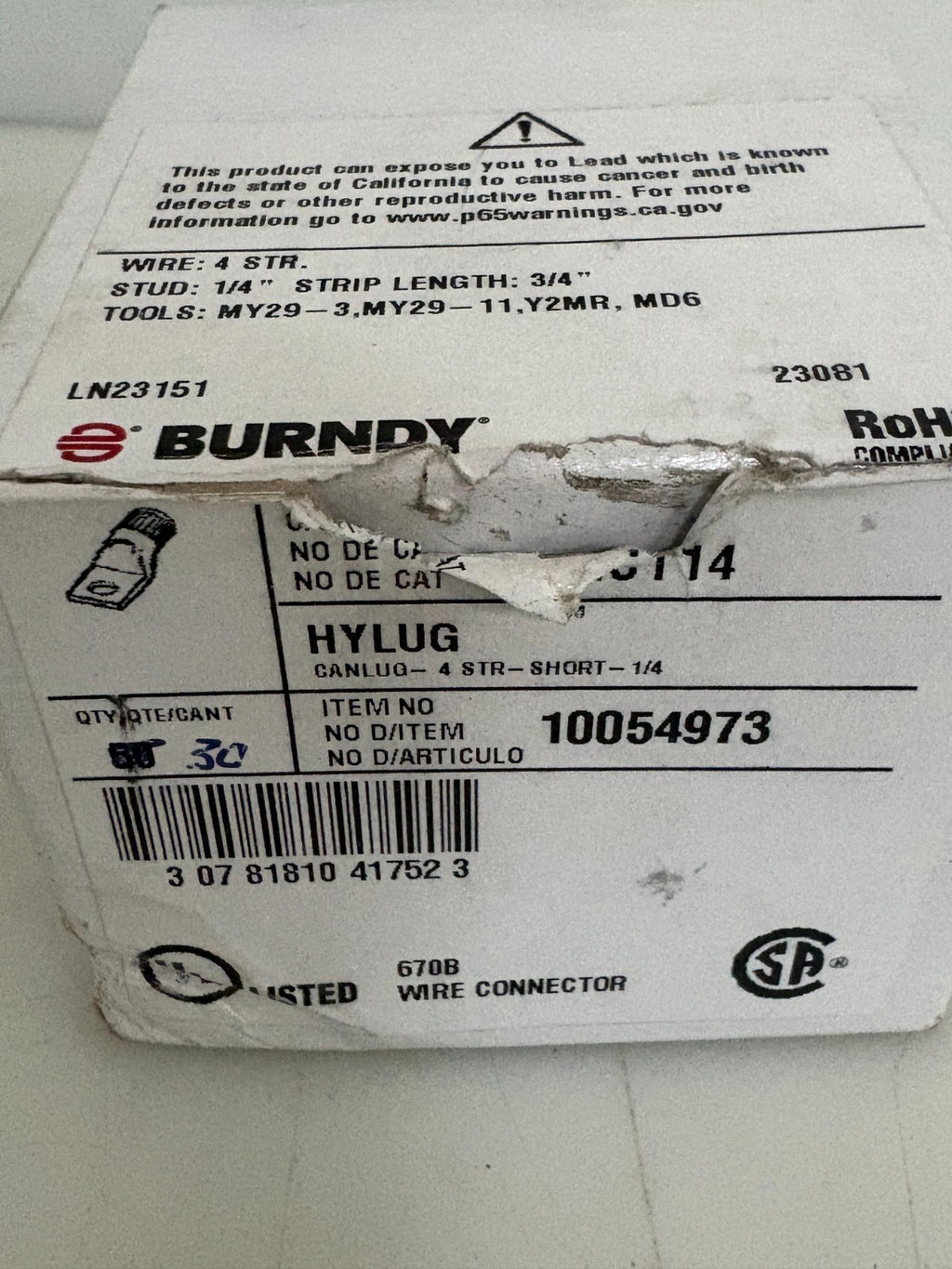 LOT OF 30 BURNDY HYLUG COMPRESSION LUG YAL4CT142