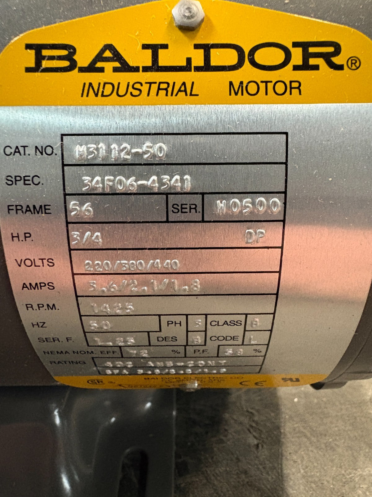 BALDOR 3/4HP INDUSTRIAL MOTOR #M3112-50 SPEC 34F06-4341