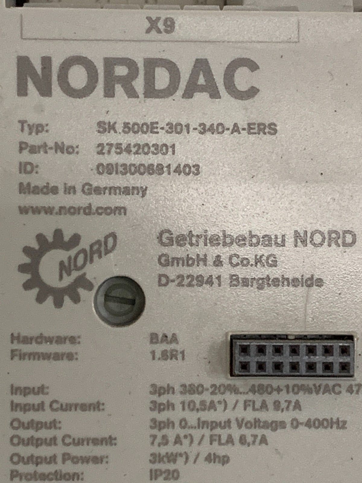 NORDAC 3HP MOTOR DRIVE 500E #275-420301 301-340-A-ERS