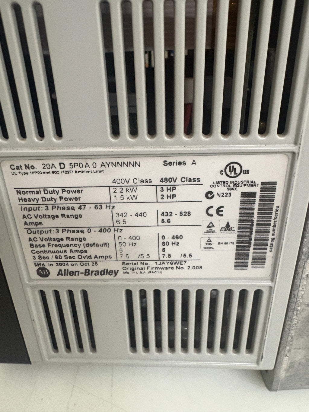 ALLEN BRADLEY POWER FLEX 70 20A D 5P0 A 0 AYNNNNN SERIE A2
