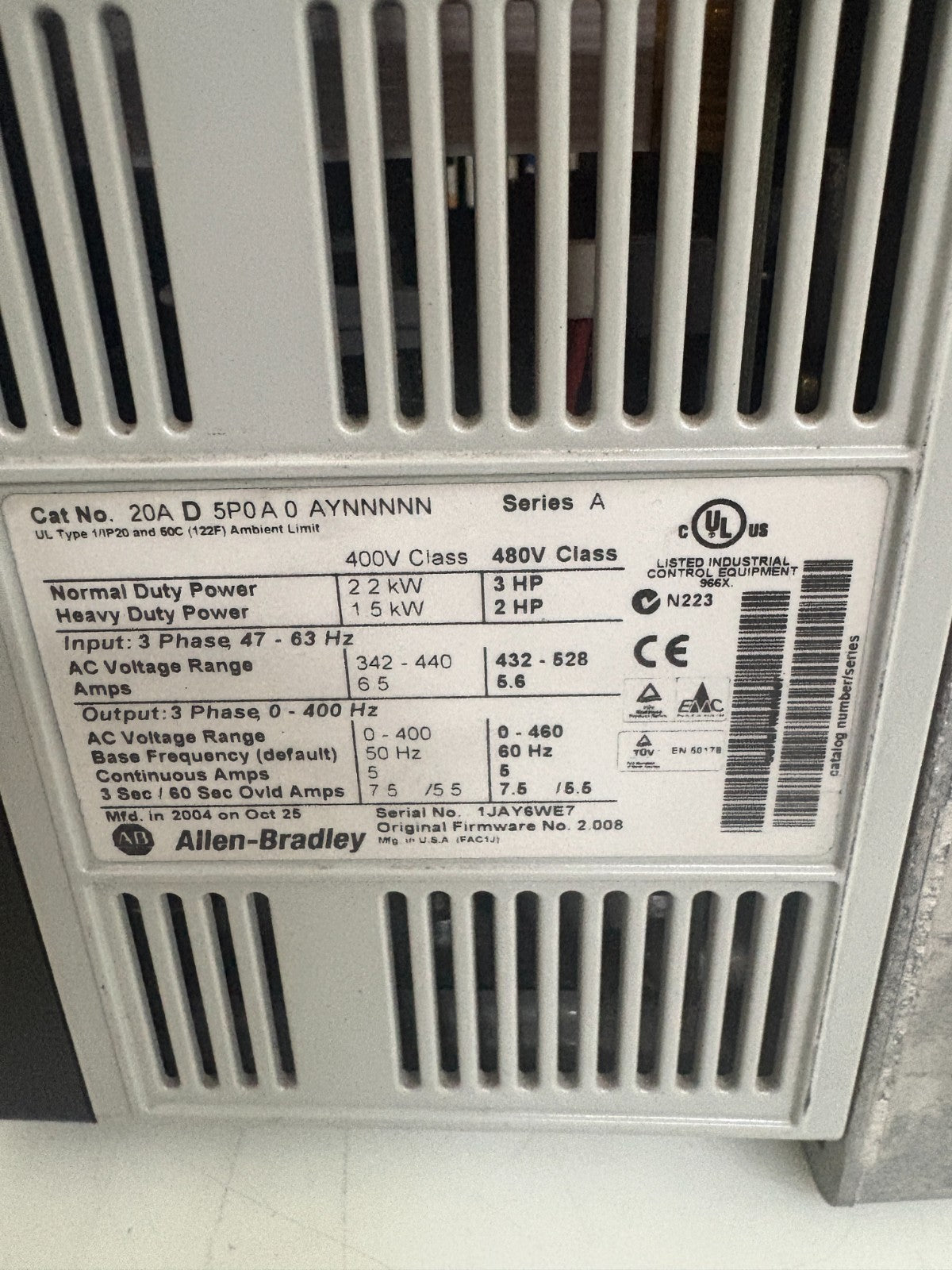 ALLEN BRADLEY POWER FLEX 70 20A D 5P0 A 0 AYNNNNN SERIE A2